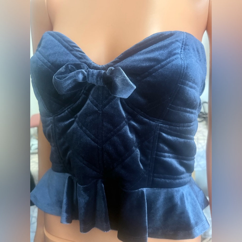 VENUS Navy Velvet Strapless Peplum Top with Bow Detail